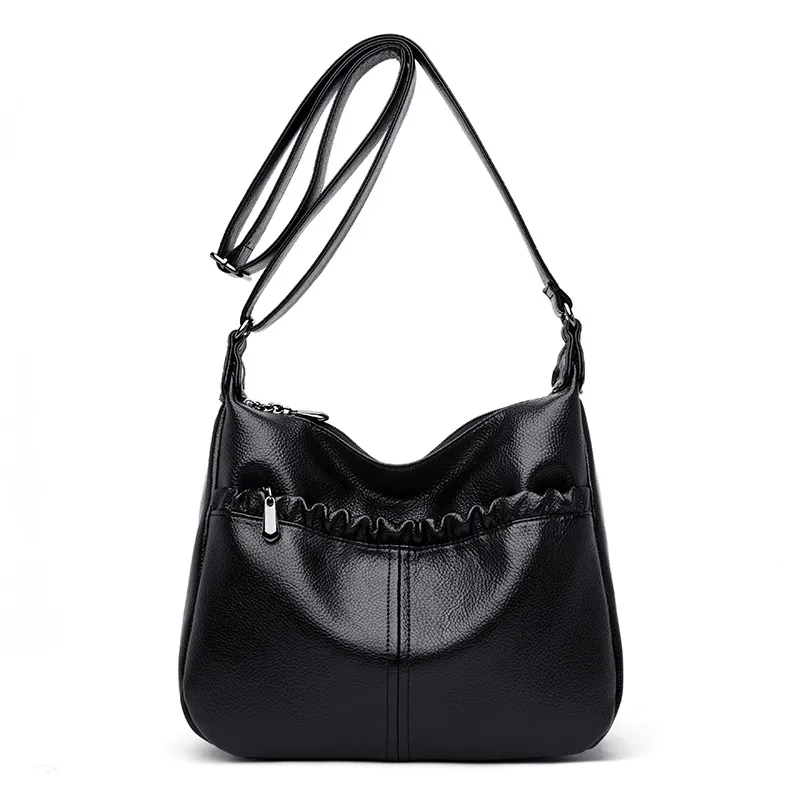 Middle-aged Women's Bag All-match Handbag Lychee Pattern One-shoulder Diagonal Ladies Bag - Black