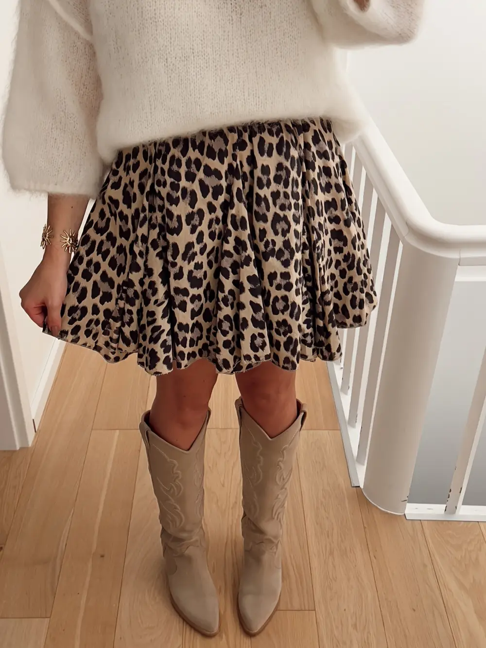 Women's Beige Leopard Print Pleated Mini Skirt High Waist
