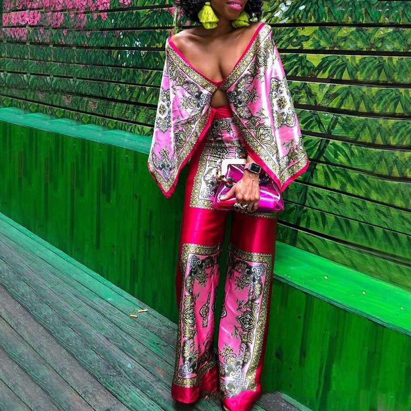 Printed Holiday Style Top And Trouser Suit