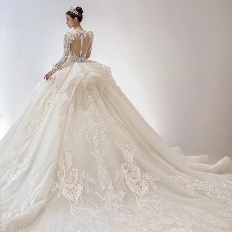 Women's French Style Large Tail Luxurious Long Sleeved Dress