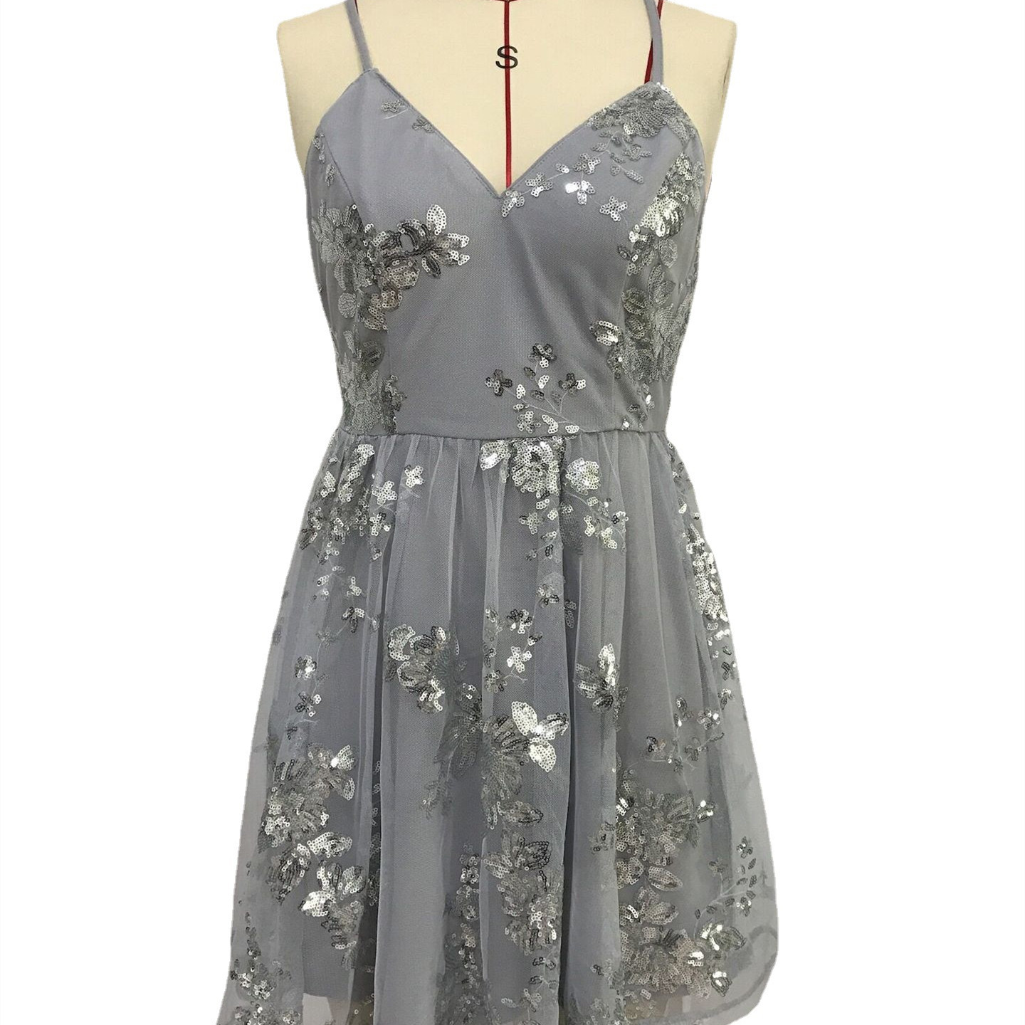 Sleeveless Embroidered Backless Cross Swing Dress Light Grey - Shop at LoveMi