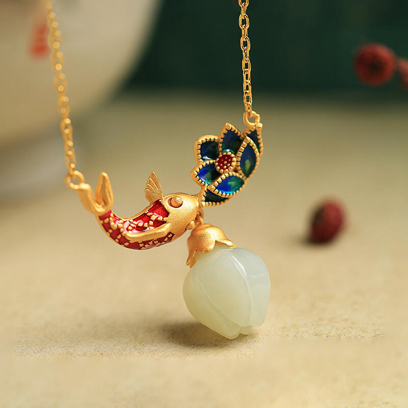 Koi Lotus Pendant Necklace with Jade Charm and Gold Plated Chain