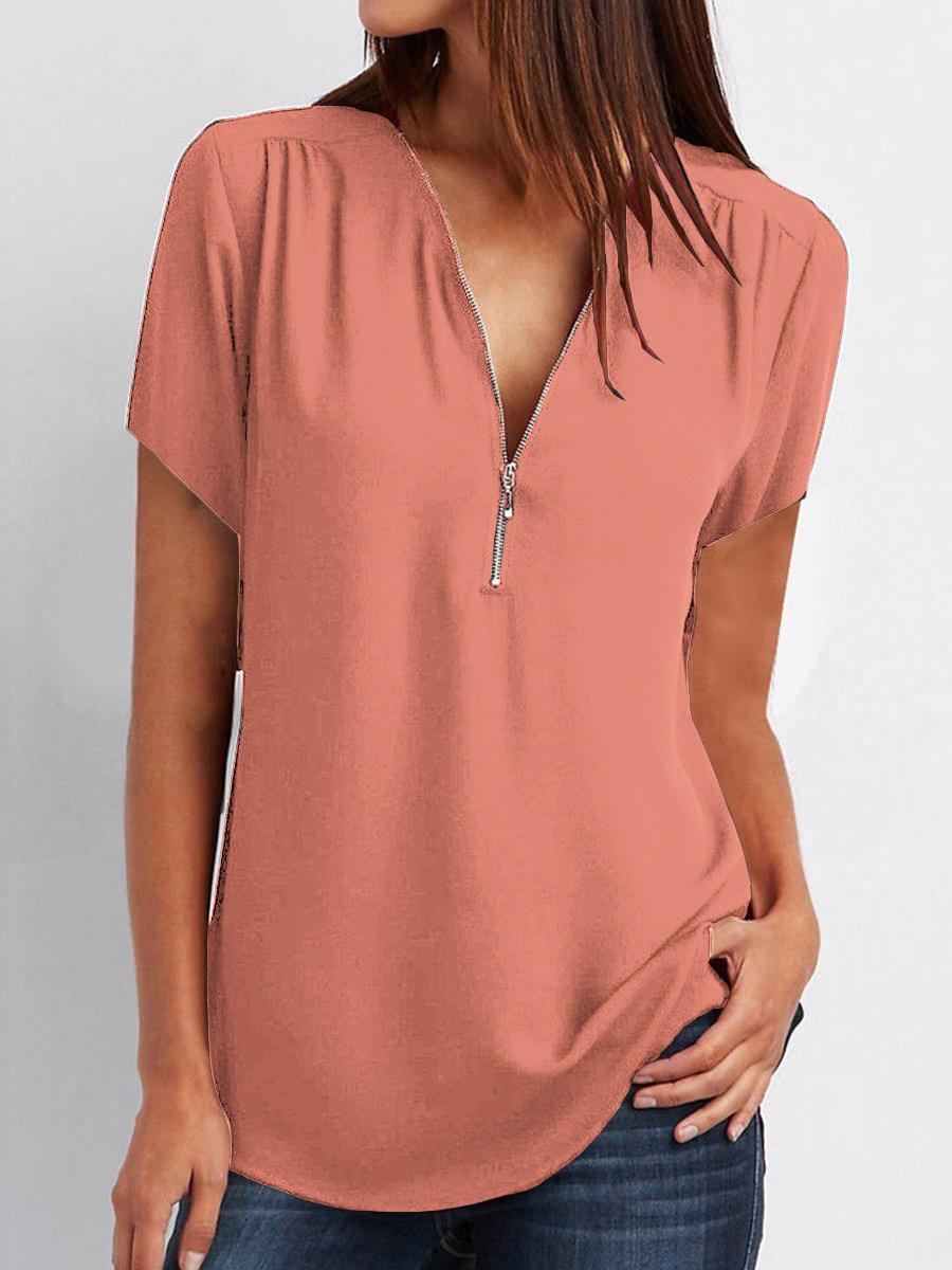 Title 6, V-neck Zipper Short-sleeved Chiffon Shirt