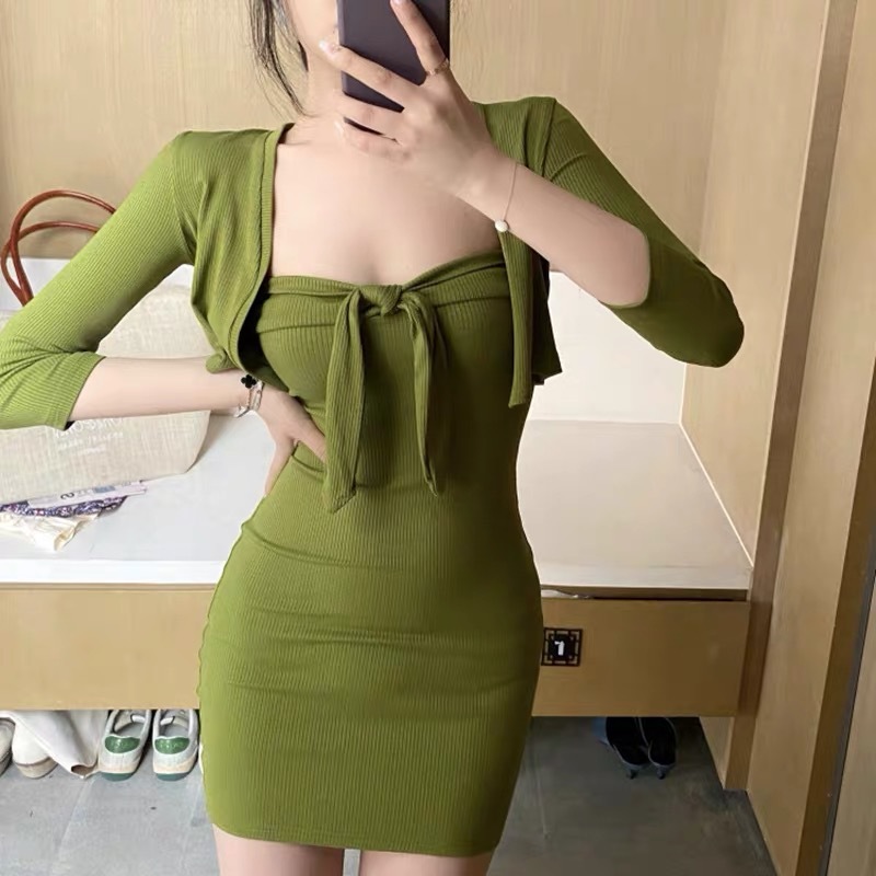 One-shoulder Avocado Green Tube Top Skirt Suit Women