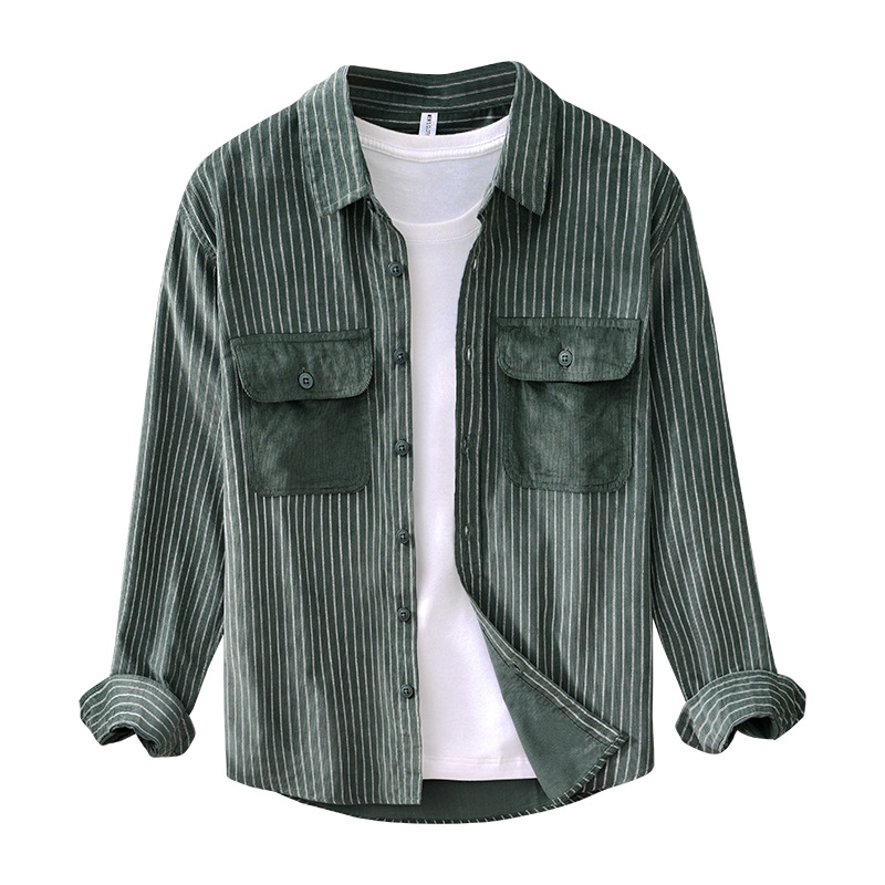 Retro Stitching Two-pocket Long-sleeved Striped Shirt