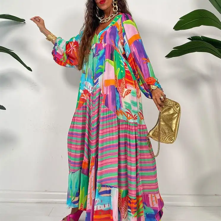Oversized V-neck Printed Dress Retro French Women