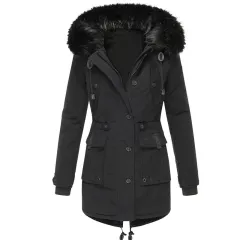 Thick Hooded Drawstring Mid-length Cotton Zipper Coat Jacket - Black - View 1