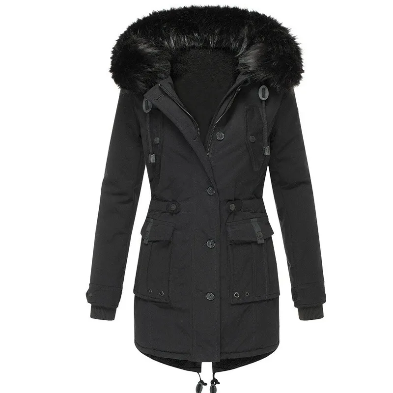 Thick Hooded Drawstring Mid-length Cotton Zipper Coat Jacket - Black