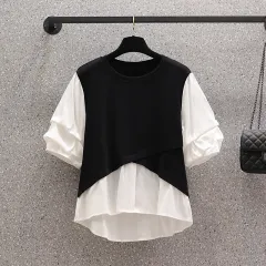 Contrast Fake Two Piece Panel Short Sleeve Crinkled Shirt - Photo Colour-L - View 1