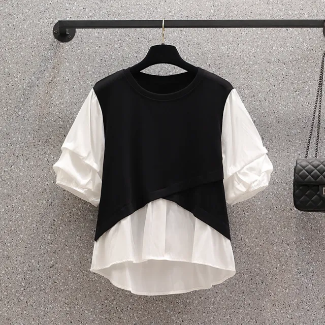 Contrast Fake Two Piece Panel Short Sleeve Crinkled Shirt Photo Color - Shop at LoveMi
