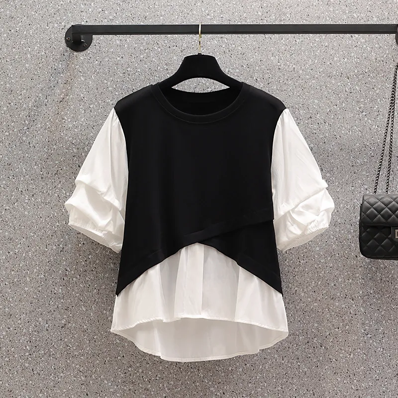 Contrast Fake Two Piece Panel Short Sleeve Crinkled Shirt - Photo Color-2Xl