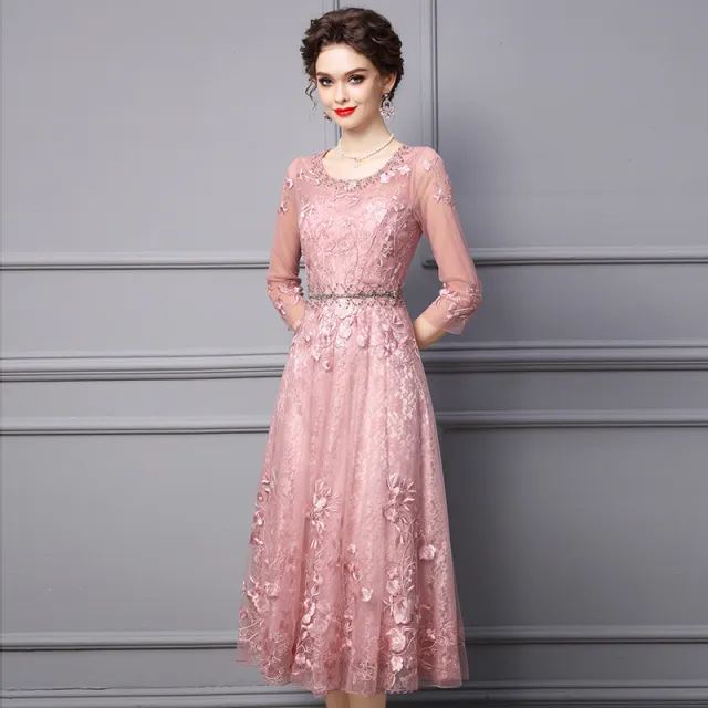 Formal Occasion Delicate Nailed Diamond Long Dress Bean Paste Powder - Shop at LoveMi