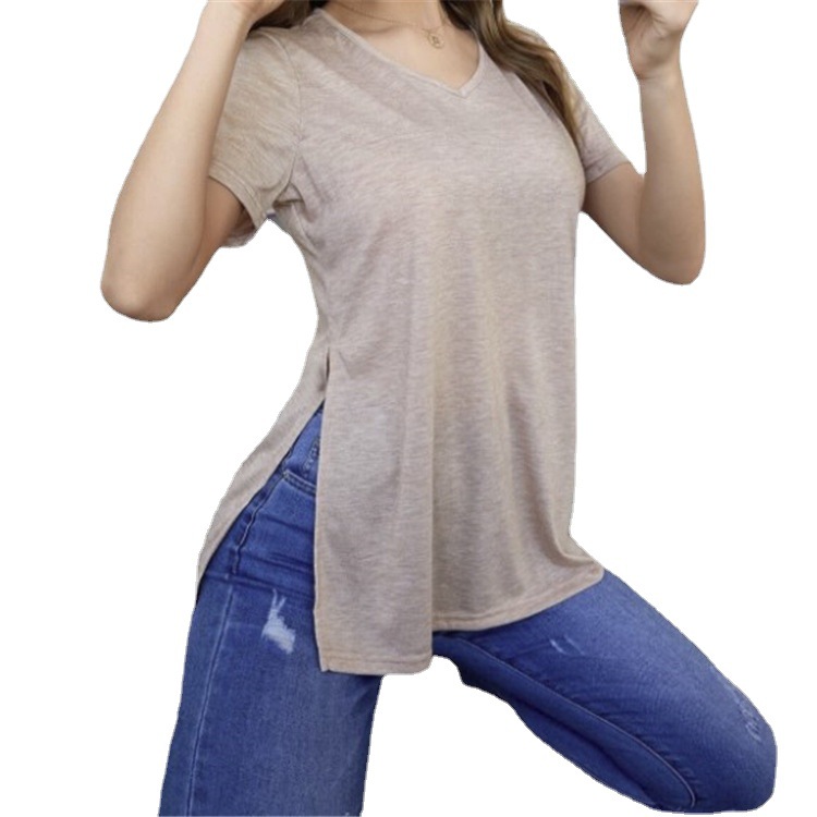 Title 5, V-neck Side Seam High Slit Casual Short Sleeves