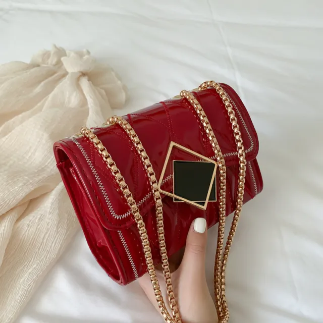 Lingge Chain Small Bag Western Patent Leather Shoulder Messenger Bag Red - Shop at LoveMi