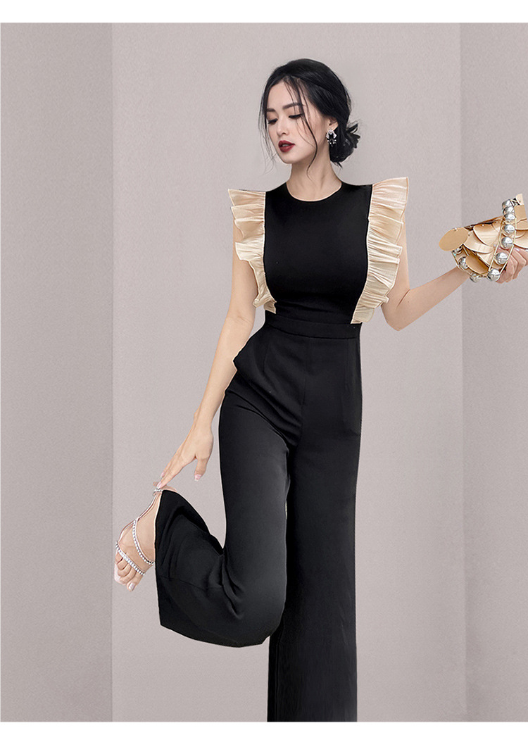 Women's High Waist Slim Wood Ear Stitching Wide Leg Pants