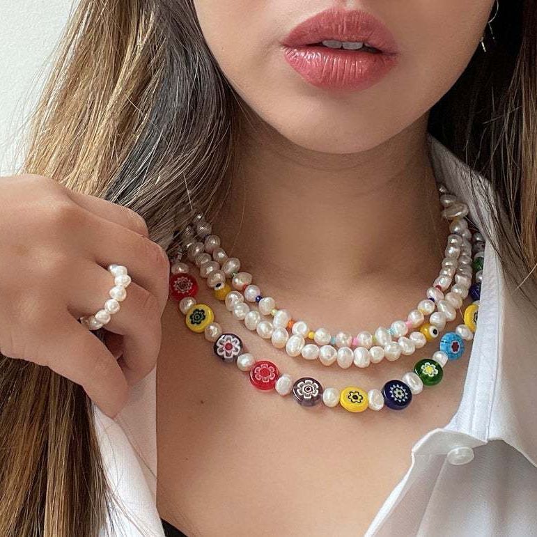 Titanium Steel Buckle Colored Glass Bead Freshwater Pearl Necklace