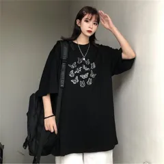 Student Butterfly Print Loose Short Sleeve T-shirt - Black - View 1