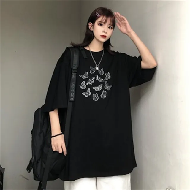 Student Butterfly Print Loose Short Sleeve T shirt Black - Shop at LoveMi