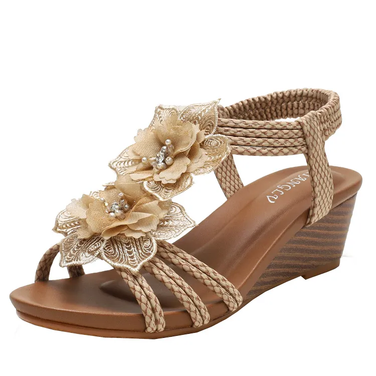 Flowers Sandals Summer Bohemia Wedges Shoes With Weave Ankle Strap - Apricot