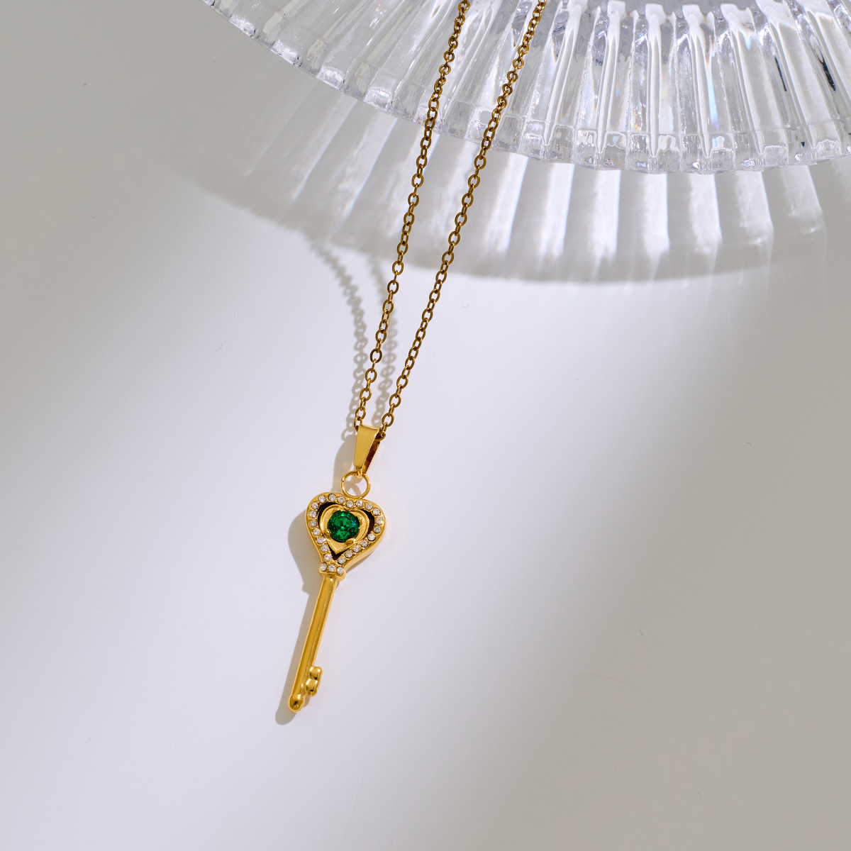 Stainless Steel Key-shaped Zircon Pendant Necklace