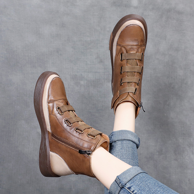 Colorblock High-top Leather Boots With Soft Sole