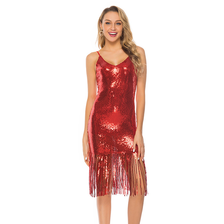 Deep V Neck Sequined Fringed Backless Slip Dress Red - Shop at LoveMi