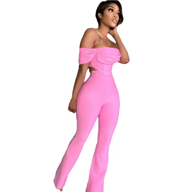 Womens Folding Wrapped Top Flared Pants Trousers Pink - Shop at LoveMi