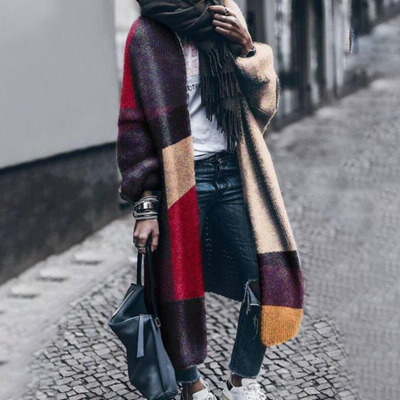 Paneled Hooded Patch Knit Long Sleeve Cardigan Sweater Jacket