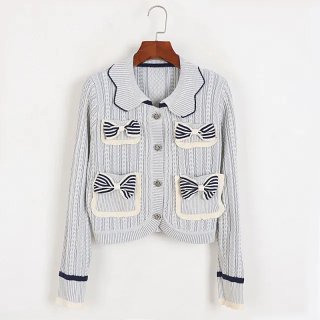 Women's Pocket Bow Contrast Sweater Grey Blue - Shop at LoveMi