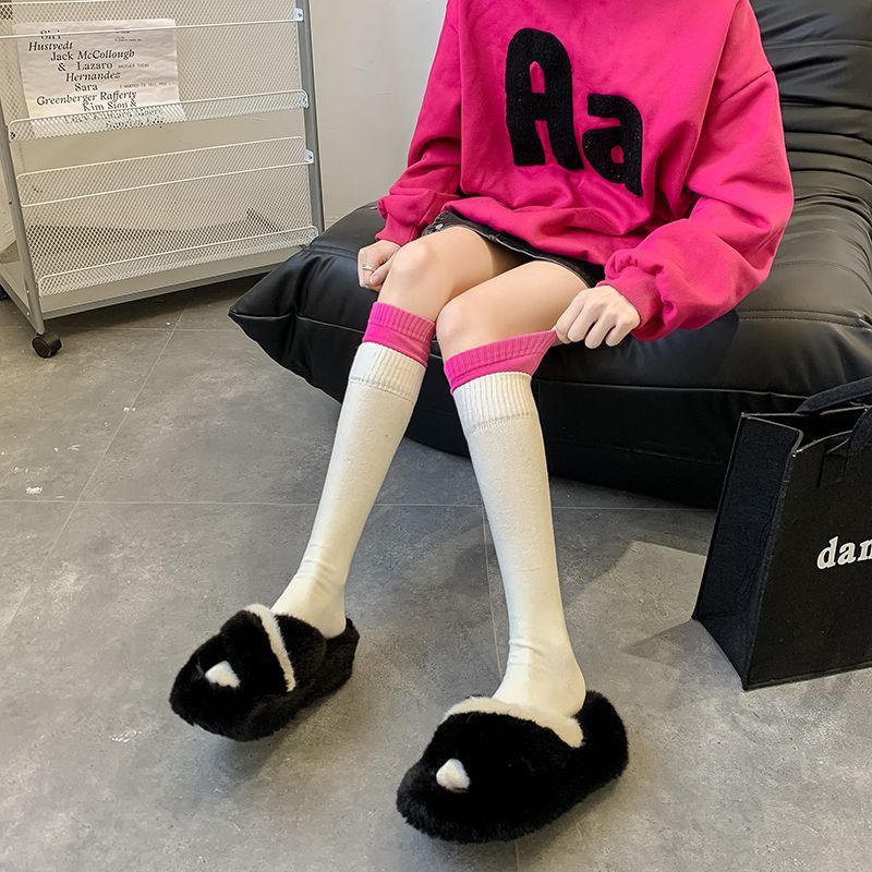 Dual Rib Top Color-blocked Calf Socks For Spring And Autumn, Trendy Ins-style Outerwear Women's Socks, Popular Korean Street Fashion Slouch Socks