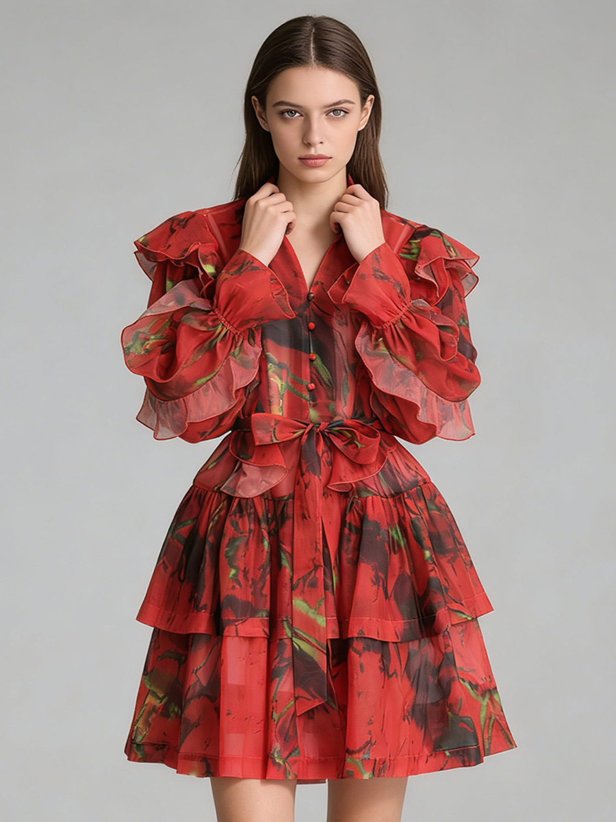 V-neck Ruffled Tie-waist Dress