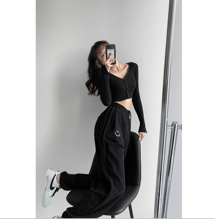 Women Smiley Face Embroidered Loose Casual Trousers Black - Shop at LoveMi