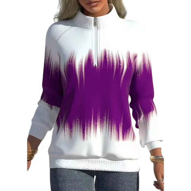 Women's New Gradual Color Printed Zipper Long Sleeve Sweater Purple - Shop at LoveMi