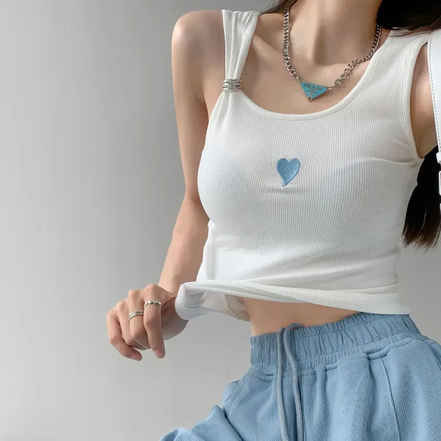 Love Embroidered Vest Women's Shoulder Straps Metal Ring Design Strap High Waist Skinny White - Shop at LoveMi