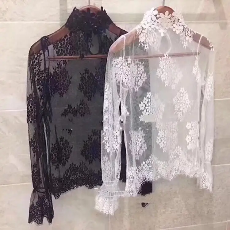 New Long-sleeved Female Stand-up Collar Lace Shirt
