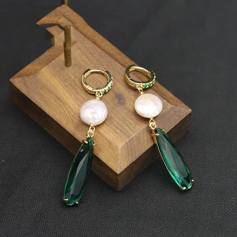 Natural Pearl Earrings Premium Niche Emerald Drops