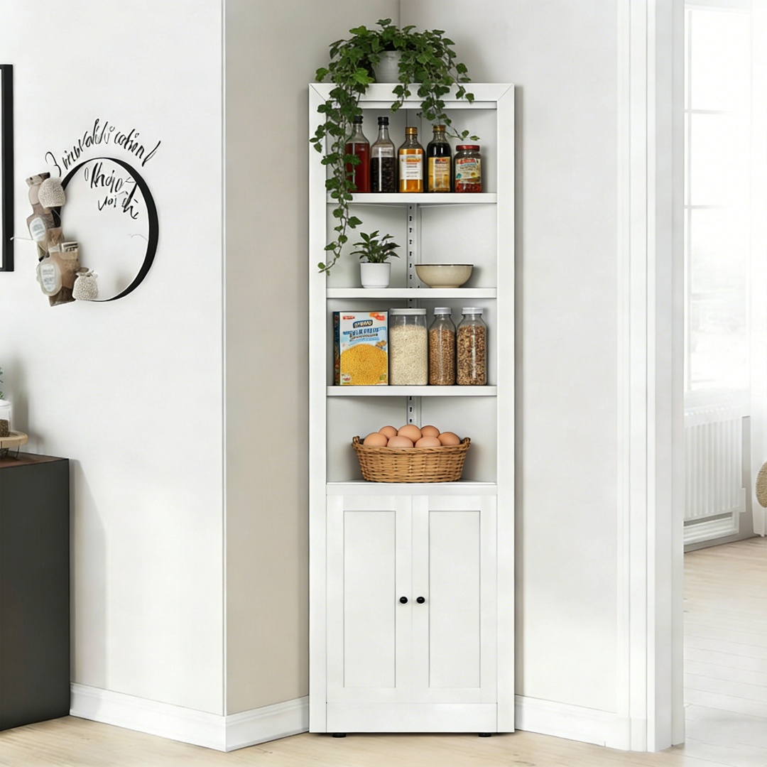 71in Tall Corner Storage Cabinet With 2 Doors, 5-Tier Metal Cabinet With Adjustable Shelves, Freestanding Kitchen Storage For Pantry, Living Room, Bathroom, Laundry Room, Space Saving Furniture, White