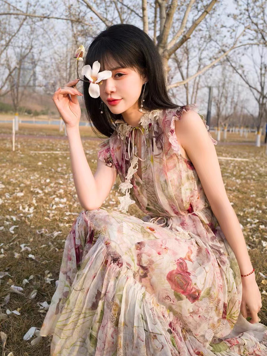 Garden-themed Print Butterfly Dress In Silk Crepe