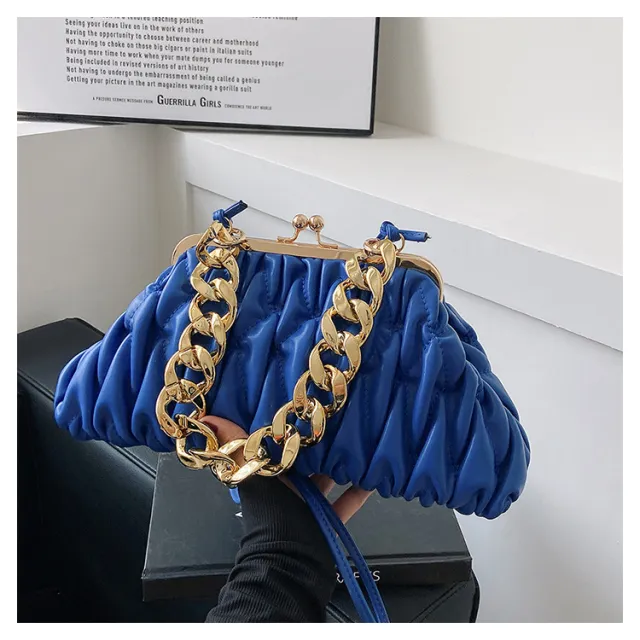 Autumn Fashion Women's Embroidery Line Rhombus Chain Shoulder Bag Blue - Shop at LoveMi