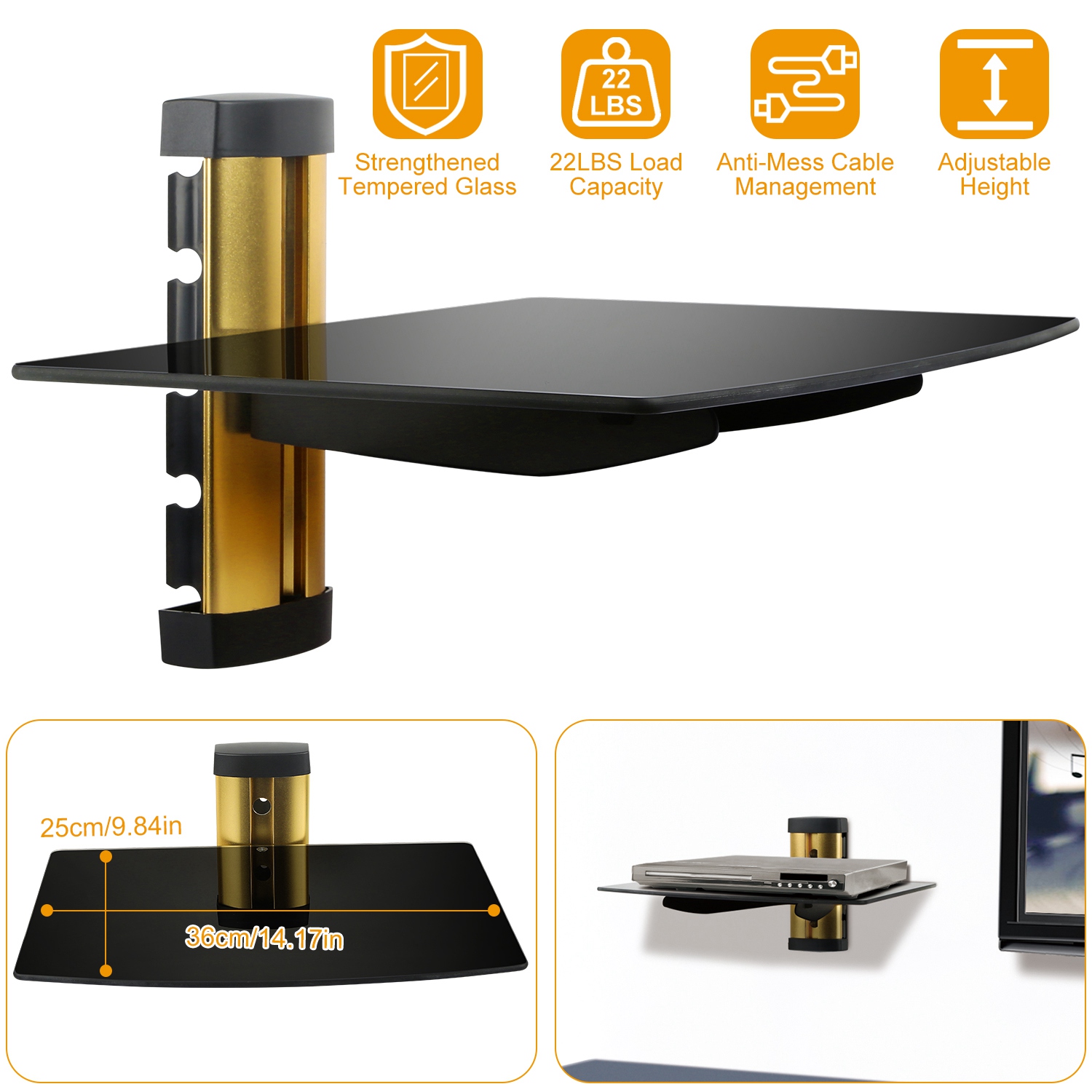 Floating Wall Mounted Strengthened Tempered Glass Shelf For DVD Cable Boxes