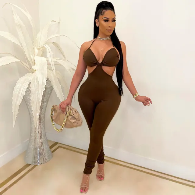 Fashion Sexy Suspenders Solid Color Casual Jumpsuit Brown - Shop at LoveMi