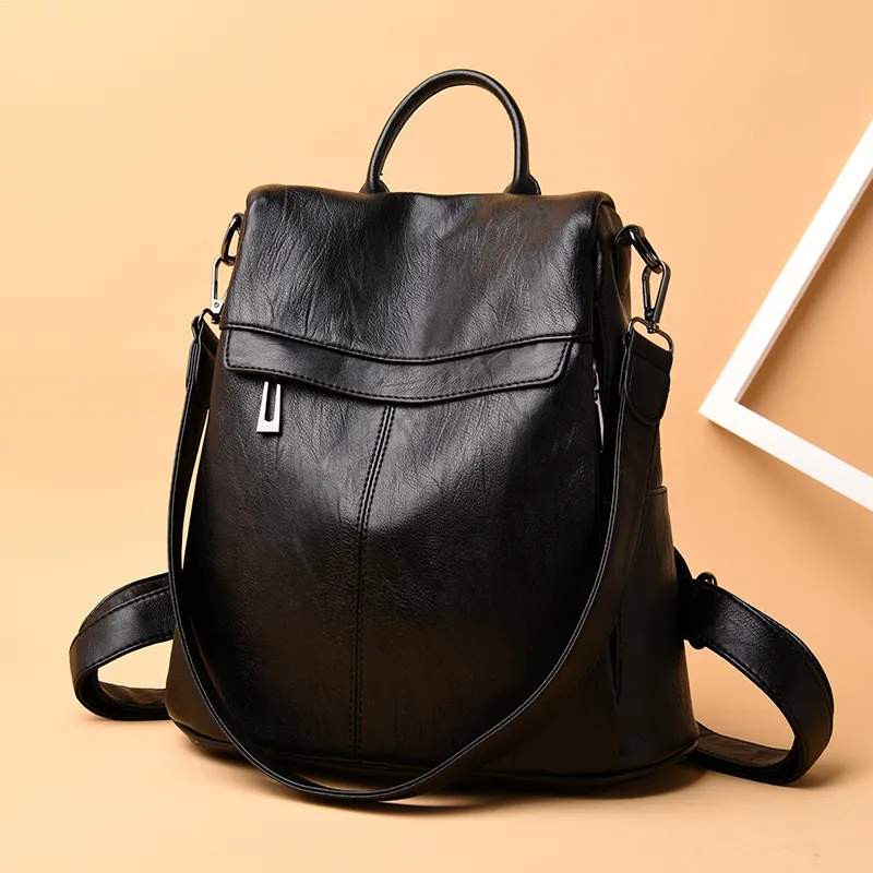School Bag Student Backpack Soft Leather Fashion Leisure Big School Bag Backpack - Black