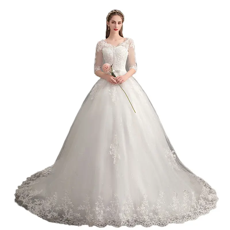Wedding Dress Trailing Deep V Neck Lace