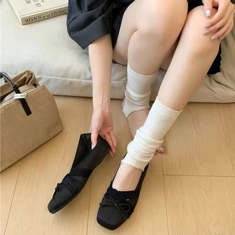 Women French Vintage Ruffle Trim Cross Band Bow Ballet Flats, Square Toe Soft Matte Suede Fabric Slip On Minimalist Gentle Casual Daily Doll Loafer Slippers