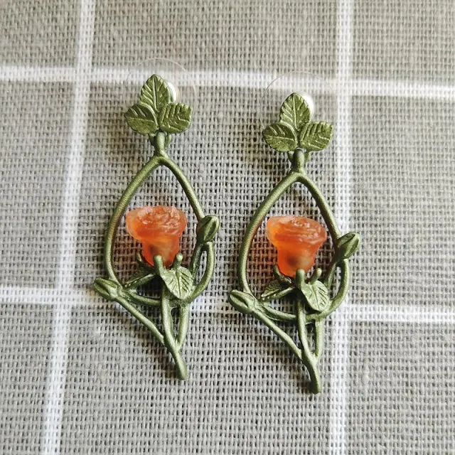 Rose Flower Brooch Cheongsam Ethnic Style Alloy Green Paint 1Ear Studs - Shop at LoveMi
