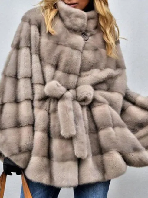 Solid Faux Fur Jacket Stand Collar Loose Belt - Light Grey