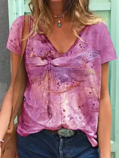 Women's V-Neck Dragonfly Print Casual T-Shirt - Pink - View 1