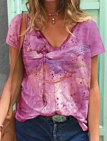 Women's V Neck Dragonfly Print Casual T Shirt Pink - Shop at LoveMi