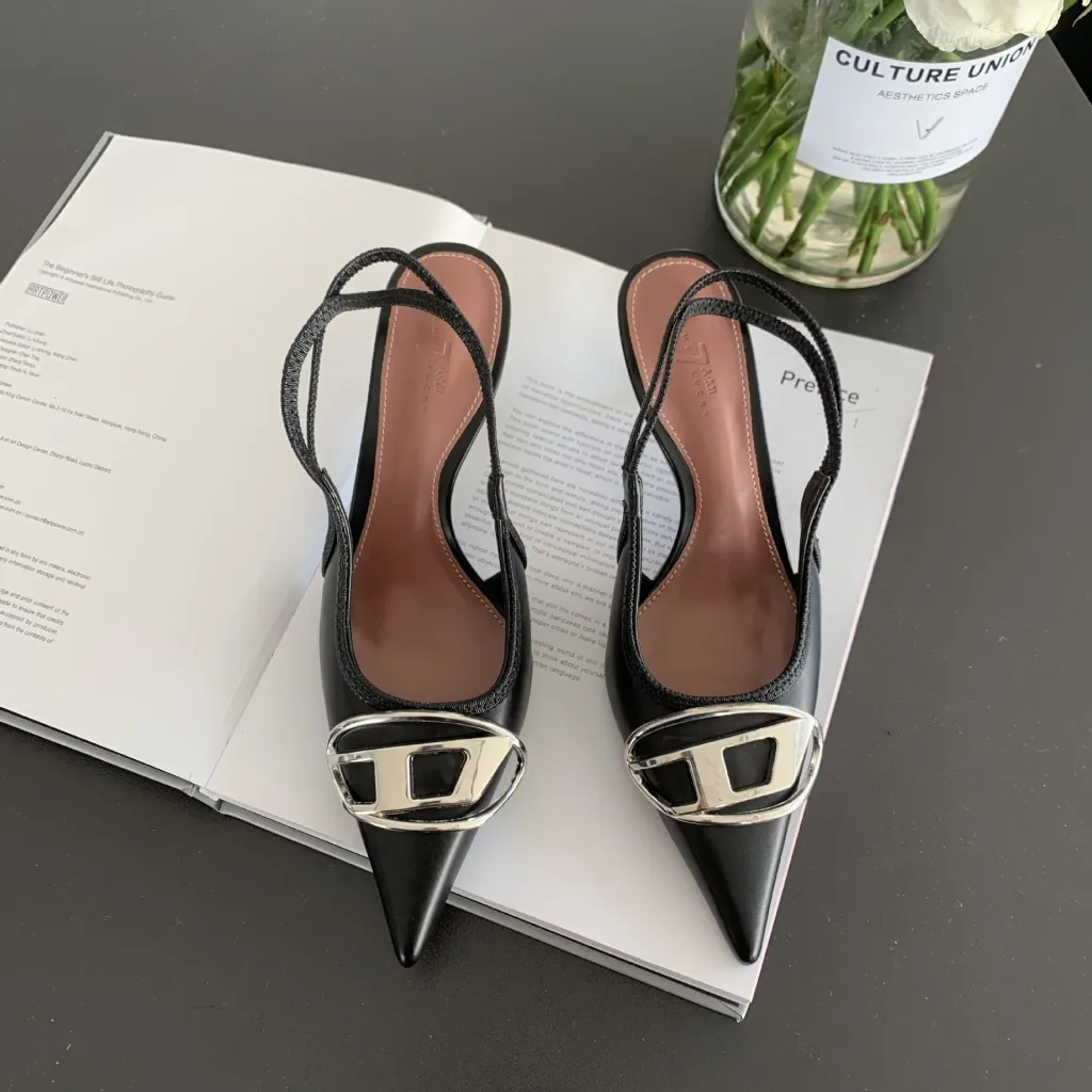 Ladies Shallow Back Slim Heel Pointed Heels - Black