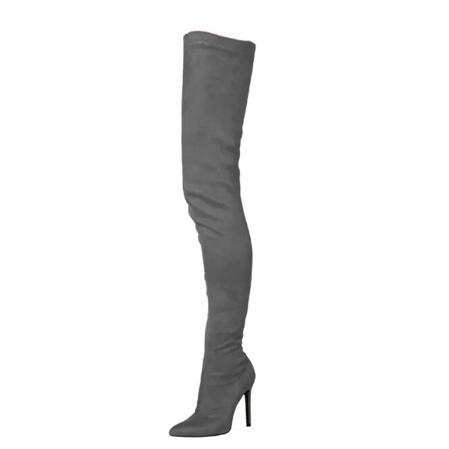Stretch Suede Pointed Toe Over the knee Boots For Women Grey - Shop at LoveMi